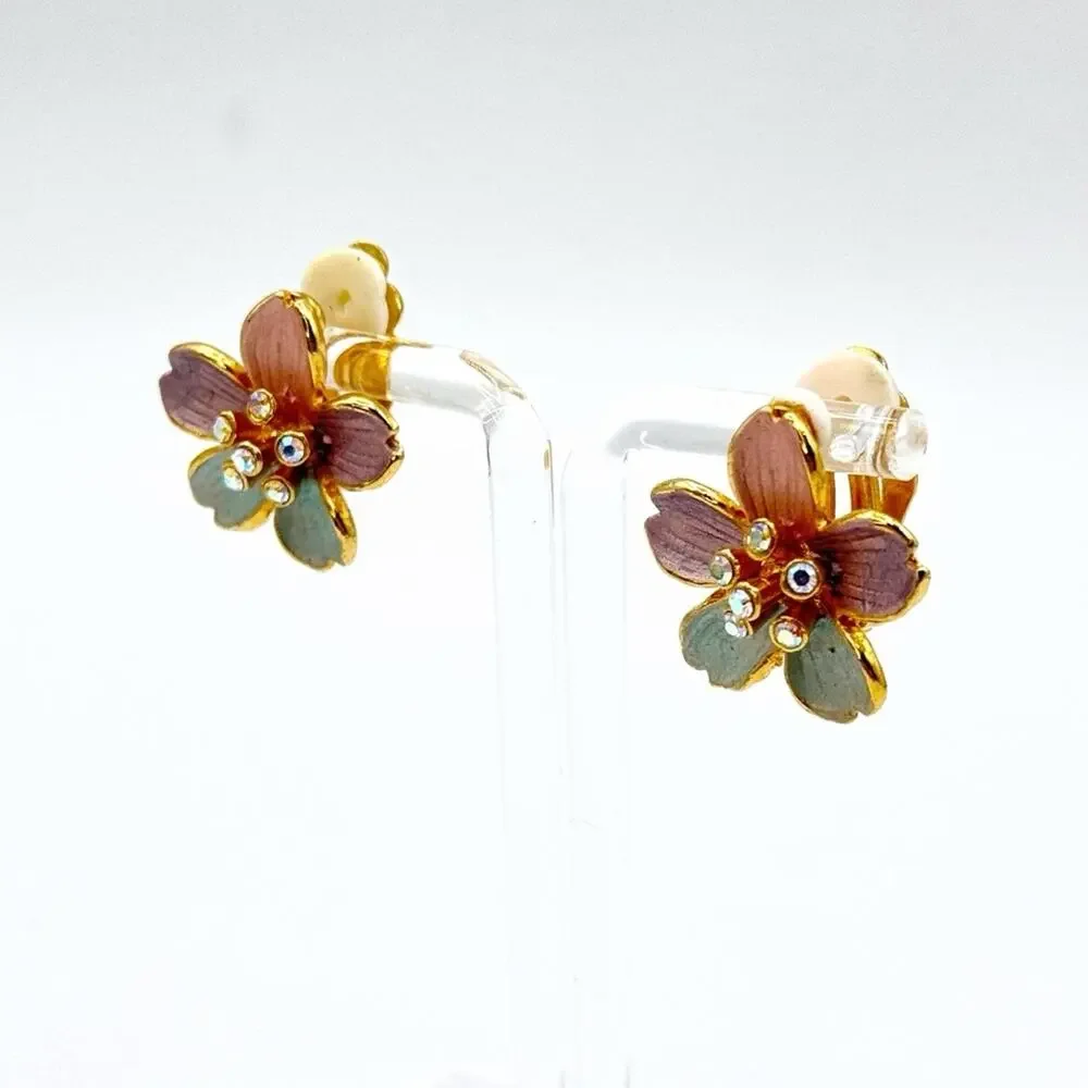 Vintage Pink Purple Blue Flower Rhinestone Clip-On Earrings Estate Statement